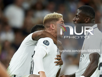 Federico Valverde central midfield of Real Madrid and Uruguay celebrates after scoring his sides first goal during the UEFA Champions League...