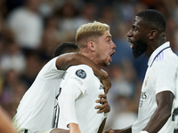 Federico Valverde central midfield of Real Madrid and Uruguay celebrates after scoring his sides first goal during the UEFA Champions League...