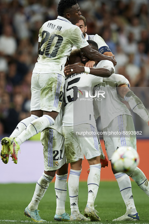 Federico Valverde central midfield of Real Madrid and Uruguay celebrates after scoring his sides first goal during the UEFA Champions League...