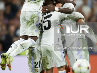 Federico Valverde central midfield of Real Madrid and Uruguay celebrates after scoring his sides first goal during the UEFA Champions League...