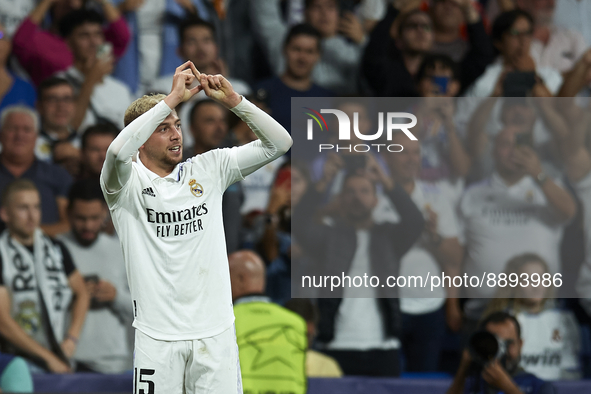 Federico Valverde central midfield of Real Madrid and Uruguay celebrates after scoring his sides first goal during the UEFA Champions League...