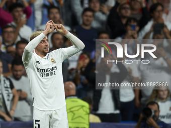 Federico Valverde central midfield of Real Madrid and Uruguay celebrates after scoring his sides first goal during the UEFA Champions League...