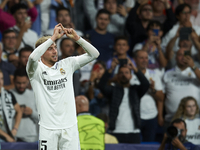 Federico Valverde central midfield of Real Madrid and Uruguay celebrates after scoring his sides first goal during the UEFA Champions League...