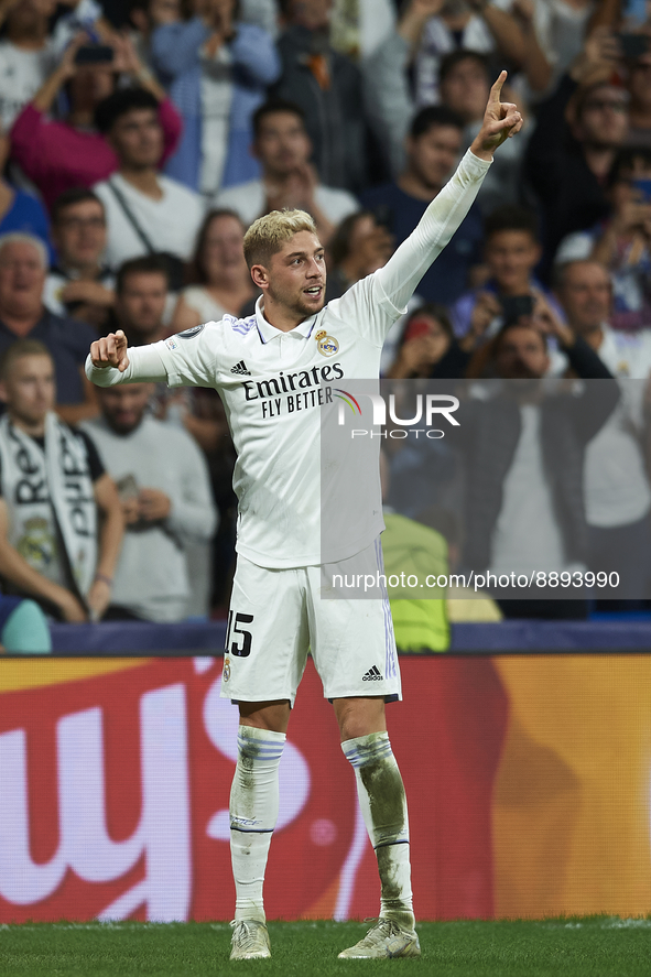 Federico Valverde central midfield of Real Madrid and Uruguay celebrates after scoring his sides first goal during the UEFA Champions League...