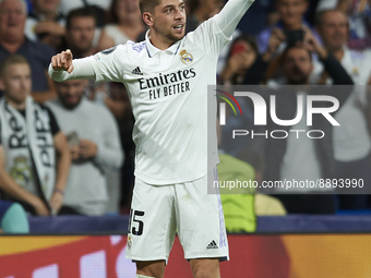 Federico Valverde central midfield of Real Madrid and Uruguay celebrates after scoring his sides first goal during the UEFA Champions League...