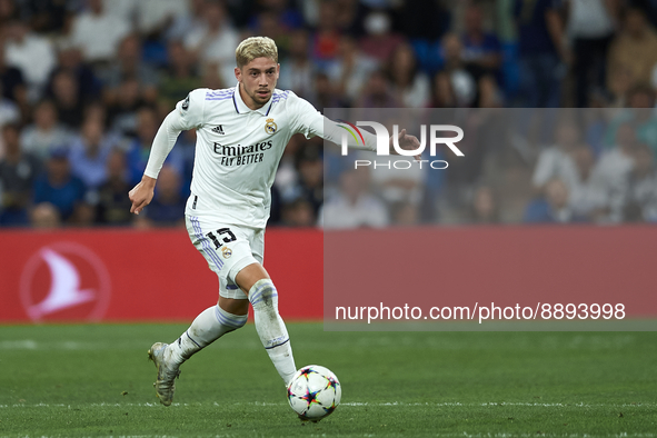 Federico Valverde central midfield of Real Madrid and Uruguay in action during the UEFA Champions League group F match between Real Madrid a...