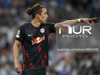 Yussuf Poulsen centre-forward of RB Leipzig and Denmark gives instructions during the UEFA Champions League group F match between Real Madri...