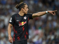 Yussuf Poulsen centre-forward of RB Leipzig and Denmark gives instructions during the UEFA Champions League group F match between Real Madri...