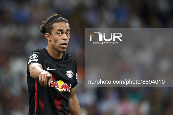 Yussuf Poulsen centre-forward of RB Leipzig and Denmark gives instructions during the UEFA Champions League group F match between Real Madri...