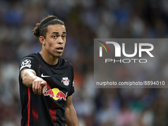 Yussuf Poulsen centre-forward of RB Leipzig and Denmark gives instructions during the UEFA Champions League group F match between Real Madri...