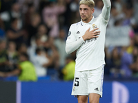 Federico Valverde central midfield of Real Madrid and Uruguay celebrates victory after the UEFA Champions League group F match between Real...