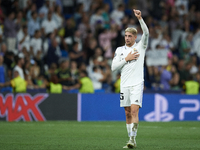 Federico Valverde central midfield of Real Madrid and Uruguay celebrates victory after the UEFA Champions League group F match between Real...