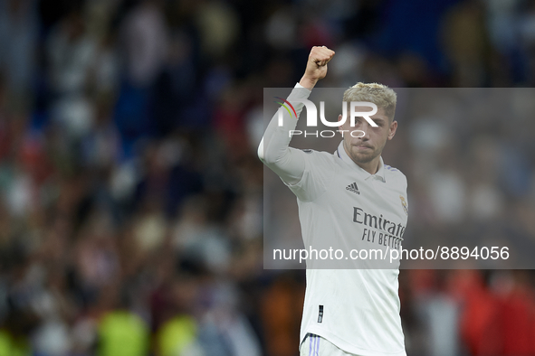 Federico Valverde central midfield of Real Madrid and Uruguay celebrates victory after the UEFA Champions League group F match between Real...