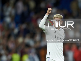 Federico Valverde central midfield of Real Madrid and Uruguay celebrates victory after the UEFA Champions League group F match between Real...