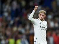 Federico Valverde central midfield of Real Madrid and Uruguay celebrates victory after the UEFA Champions League group F match between Real...