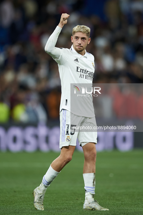 Federico Valverde central midfield of Real Madrid and Uruguay celebrates victory after the UEFA Champions League group F match between Real...