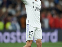 Federico Valverde central midfield of Real Madrid and Uruguay celebrates victory after the UEFA Champions League group F match between Real...