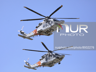 Military helicopters of the Cypriot Air Force fly over the military parade in honor of the celebration of the 61st anniversary of Independen...