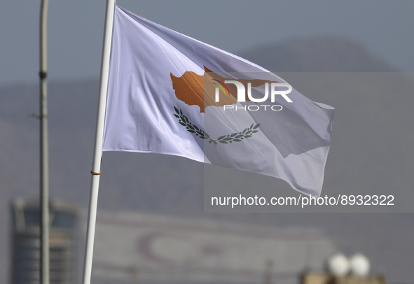 The national flag of Cyprus during a military parade celebrating the 61st anniversary of the Independence of Cyprus from British colonial ru...