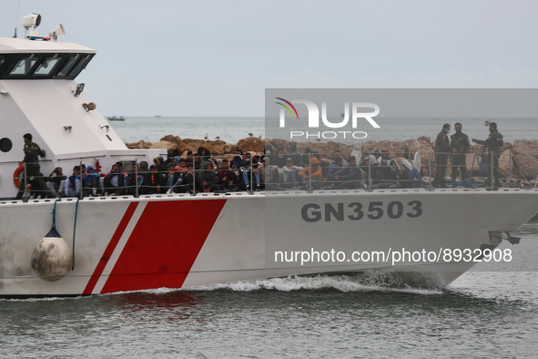 Tunisian guard coast boat carrying irregular migrants caught near the coast of Sfax. 