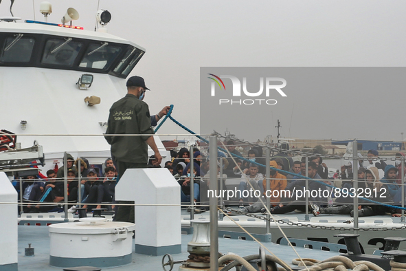 Arriving of a Tunisian guard coast boat carrying irregular migrants caught near the coast of Sfax. 