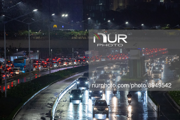 Traffic jam during rush hour in business district, Jakarta on 3 October 2022. President Joko Widodo mentioned the possibility that the gover...