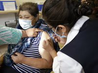 A person receives influenza vaccine during  the national influenza vaccination campaign at the Specialty Clinic. on October 3, 2022 in Mexic...