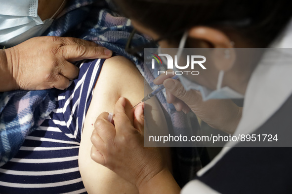 A person receives influenza vaccine during  the national influenza vaccination campaign at the Specialty Clinic. on October 3, 2022 in Mexic...