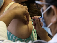 A person receives influenza vaccine during  the national influenza vaccination campaign at the Specialty Clinic. on October 3, 2022 in Mexic...