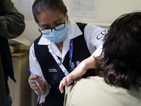 A person receives influenza vaccine during  the national influenza vaccination campaign at the Specialty Clinic. on October 3, 2022 in Mexic...