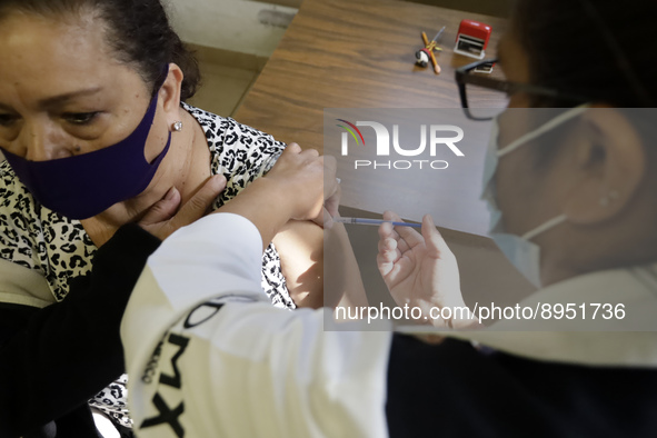 A person receives influenza vaccine during  the national influenza vaccination campaign at the Specialty Clinic. on October 3, 2022 in Mexic...