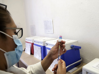 A person prepares a influenza vaccine during  the national influenza vaccination campaign at the Specialty Clinic. on October 3, 2022 in Mex...