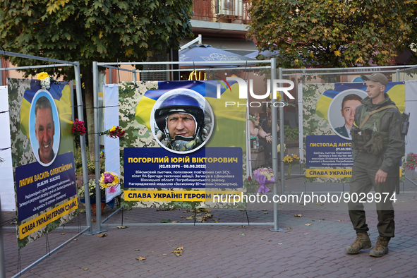 IVANO-FRANKIVSK, UKRAINE - OCTOBER 17, 2022 - The Alley of Glory set in the center of Ivano-Frankivsk (on the pedestrian part of Nezalezhnos...