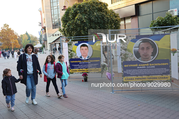 IVANO-FRANKIVSK, UKRAINE - OCTOBER 17, 2022 - The Alley of Glory set in the center of Ivano-Frankivsk (on the pedestrian part of Nezalezhnos...