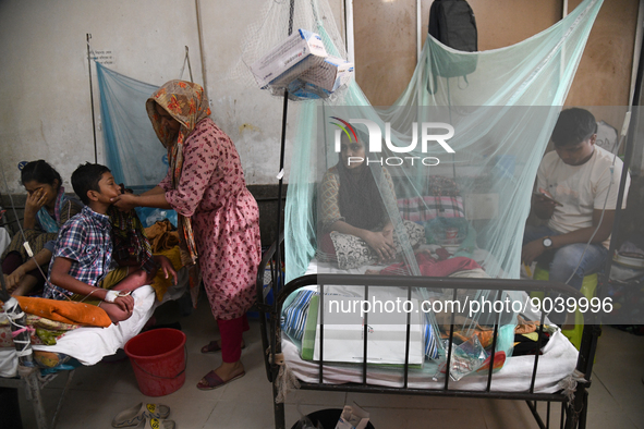 Children are kept inside mosquito nets as they are hospitalized due to dengue fever at Dhaka Child Hospital in Dhaka, Bangladesh on October...