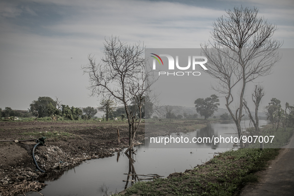 A dirty water canal at Dhapa waste duping ground, Kolkata, India. January 17, 2015. *** Go to http://nurphoto.com/en/reportages/51696 to see...