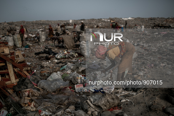 A female scavenger is picking waste. Dhapa waste dumping ground, Kolkata, India. January 20, 2015. *** Go to http://nurphoto.com/en/reportag...