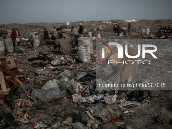 A female scavenger is picking waste. Dhapa waste dumping ground, Kolkata, India. January 20, 2015. *** Go to http://nurphoto.com/en/reportag...