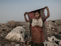 A kid scavenger is playing at Dhapa west dumping ground, Kolkata, India. January 20, 2015. *** Go to http://nurphoto.com/en/reportages/51696...