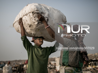 Scavengers are carrying waste. Dhapa, Kolkata, India. January 20, 2015. *** Go to http://nurphoto.com/en/reportages/51696 to see more **** (