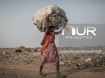 A scavenger is carrying waste. Dhapa, Kolkata, India. January 20, 2015. *** Go to http://nurphoto.com/en/reportages/51696 to see more **** (