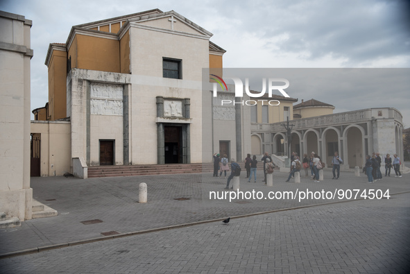 Church and portico in Tresigallo, city rebuilt in the fascist era following a rationalist ideal, in the Ferrara province, Emilia-Romagna, 23...