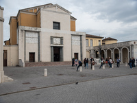 Church and portico in Tresigallo, city rebuilt in the fascist era following a rationalist ideal, in the Ferrara province, Emilia-Romagna, 23...