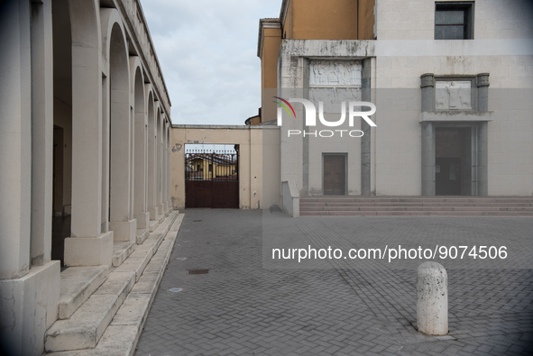 Church and portico in Tresigallo, city rebuilt in the fascist era following a rationalist ideal, in the Ferrara province, Emilia-Romagna, 23...