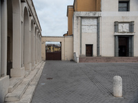 Church and portico in Tresigallo, city rebuilt in the fascist era following a rationalist ideal, in the Ferrara province, Emilia-Romagna, 23...