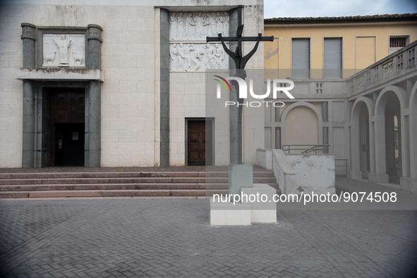 Church and portico in Tresigallo, city rebuilt in the fascist era following a rationalist ideal, in the Ferrara province, Emilia-Romagna, 23...