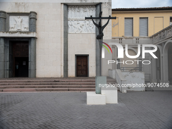 Church and portico in Tresigallo, city rebuilt in the fascist era following a rationalist ideal, in the Ferrara province, Emilia-Romagna, 23...