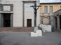 Church and portico in Tresigallo, city rebuilt in the fascist era following a rationalist ideal, in the Ferrara province, Emilia-Romagna, 23...