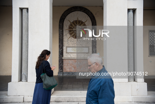 The portico in front of the church, on Piazza Italia, in Tresigallo, a town rebuilt during Fascism following a rationalist ideal. Tresigallo...