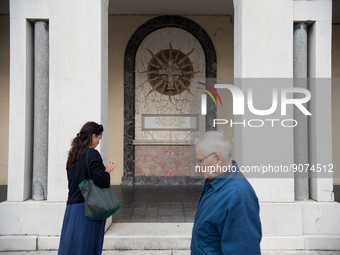 The portico in front of the church, on Piazza Italia, in Tresigallo, a town rebuilt during Fascism following a rationalist ideal. Tresigallo...